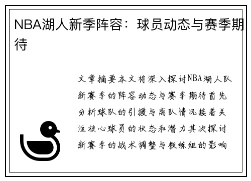 NBA湖人新季阵容：球员动态与赛季期待